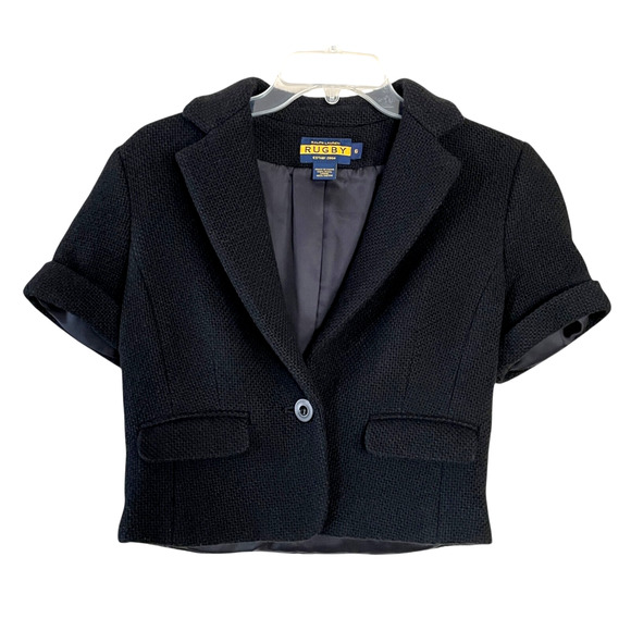 RALPH LAUREN RUGBY Women's Size 6 Black Wool Short Sleeve Lined Cropped Jacket - Picture 1 of 5